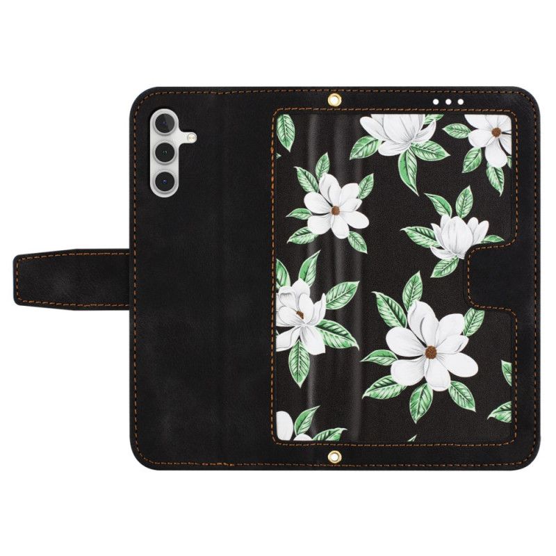 Læder Cover Samsung Galaxy A55 5g Telefon Etui Blomstermønster Med Rem