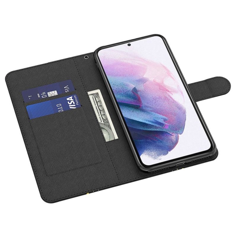 Læder Cover Samsung Galaxy A55 5g Telefon Etui Guldsommerfugle På Flugt Med Rem