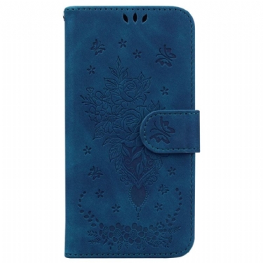 Læder Cover Samsung Galaxy A55 5g Telefon Etui Rose Og Sommerfugle Mønster