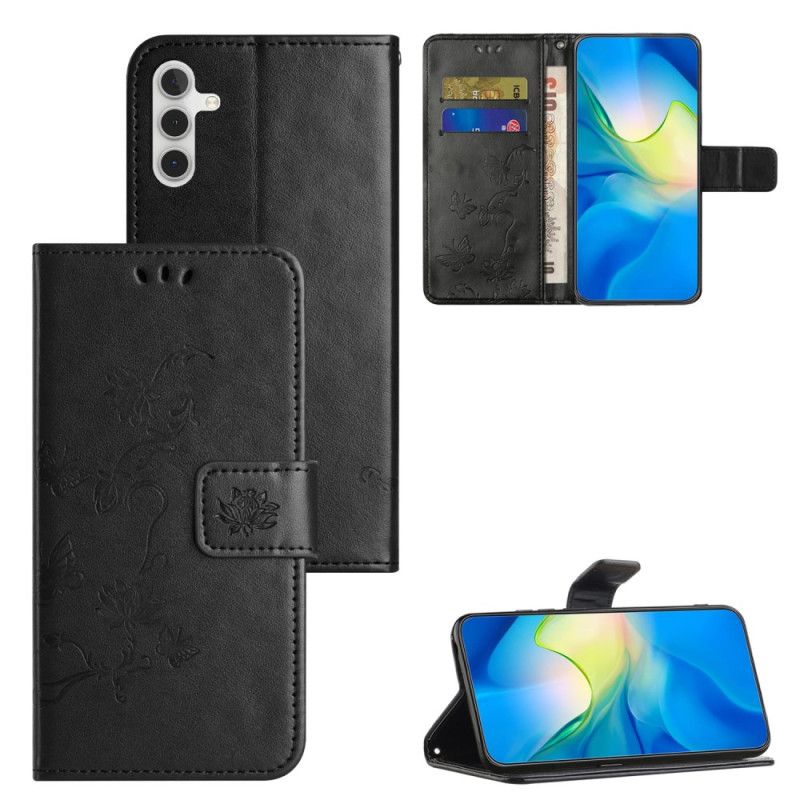 Læder Cover Samsung Galaxy A55 5g Telefon Etui Sommerfugle Og Blomsterdesign Med Snor