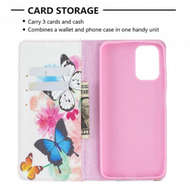 Cover Poco M5s Flip Cover Farverige Sommerfugle