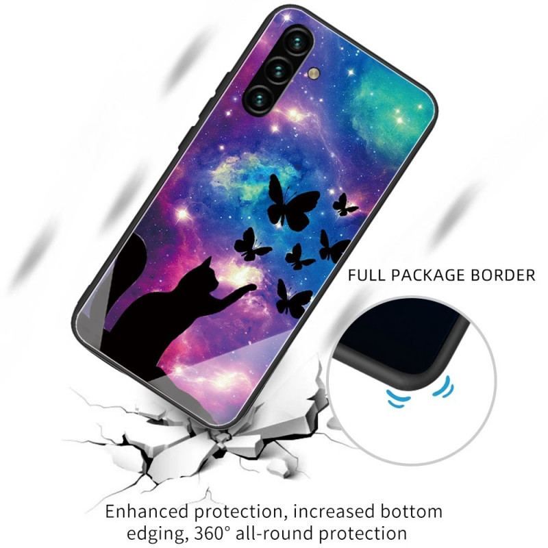 Cover Samsung Galaxy A13 5G / A04s Hærdet Glas Kat Og Sommerfugle I Rummet