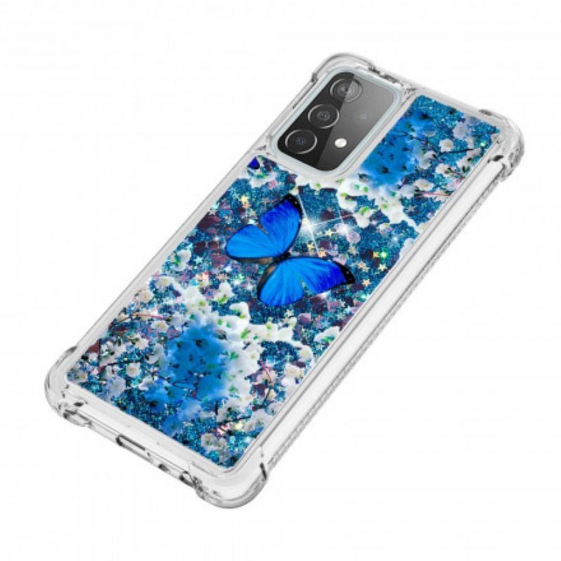 Cover Samsung Galaxy A52 4G / A52 5G / A52s 5G Glitter Blå Sommerfugle