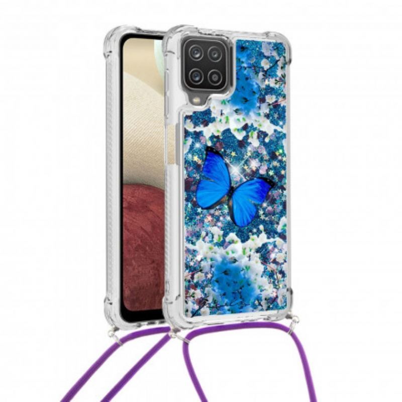 Cover Samsung Galaxy M12 / A12 Med Snor Pailletsommerfugle Med Snoretræk