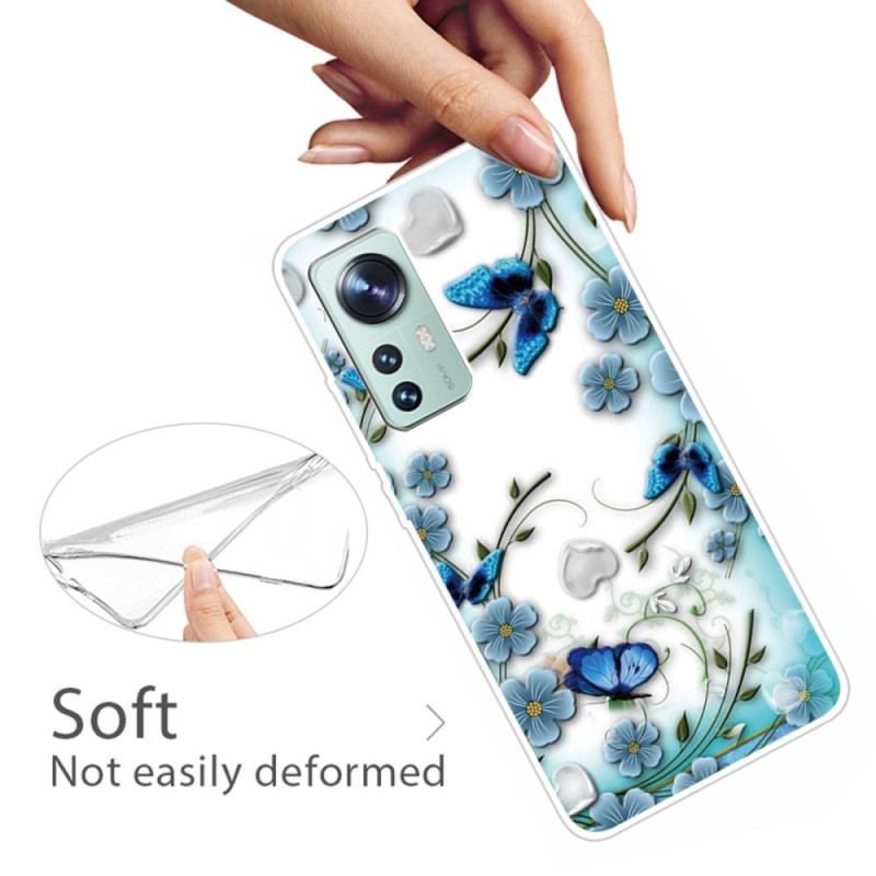 Cover Xiaomi 12 / 12X Blå Blomster Og Sommerfugle