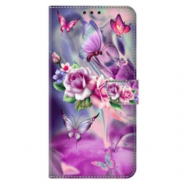 Flip Cover Til Xiaomi Redmi Note 13 5g Lilla Sommerfugle Og Blomster