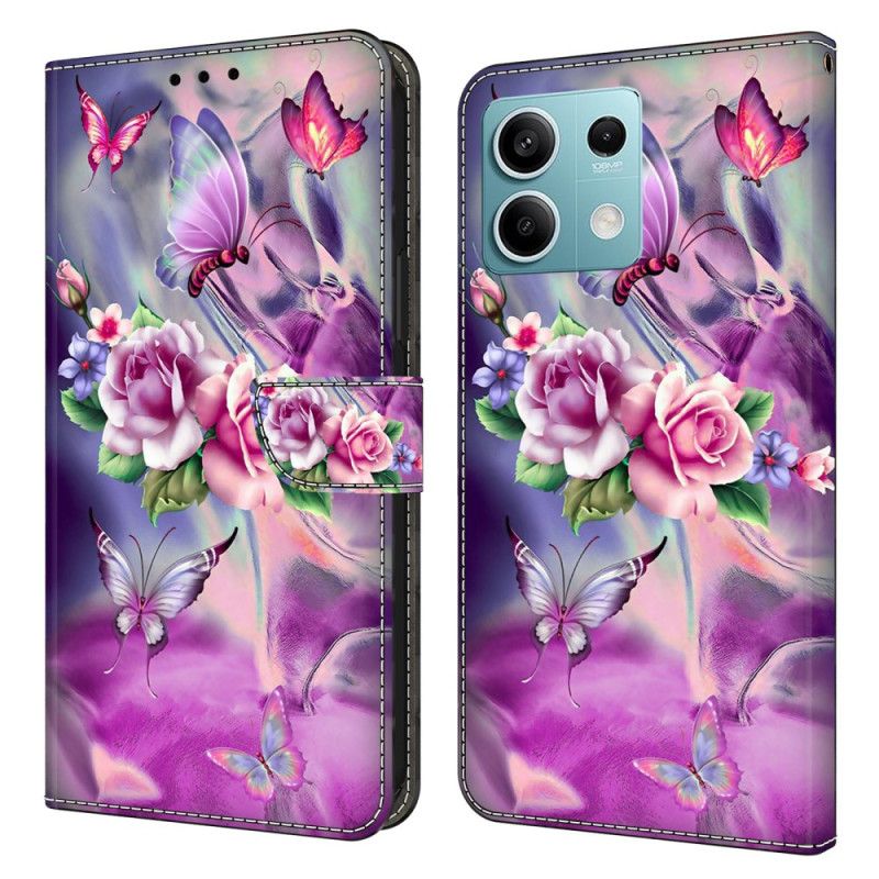 Flip Cover Til Xiaomi Redmi Note 13 5g Lilla Sommerfugle Og Blomster