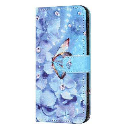 Flip Cover Xiaomi Redmi Note 13 5g Blå Blomster Og Sommerfugl Med Rem