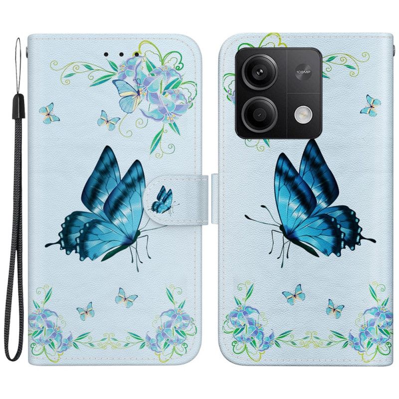 Flip Cover Xiaomi Redmi Note 13 5g Blå Sommerfugle Og Blomster Med Rem