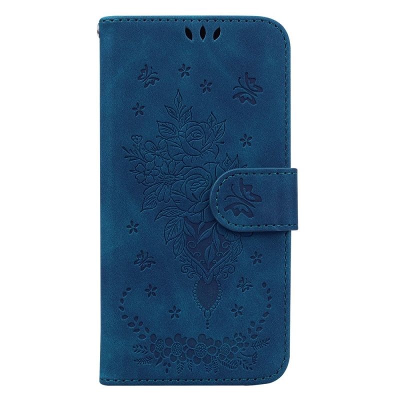 Læder Cover Xiaomi Redmi Note 13 5g Telefon Etui Rose Og Sommerfugle Med Rem