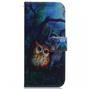 Læder Cover Xiaomi 13 Pro Med Snor Strappy Owls Maleri