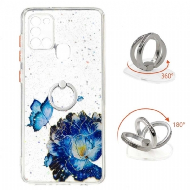 Cover Samsung Galaxy A21s Anti-fald Blå Blomster Og Sommerfugle Med Ring