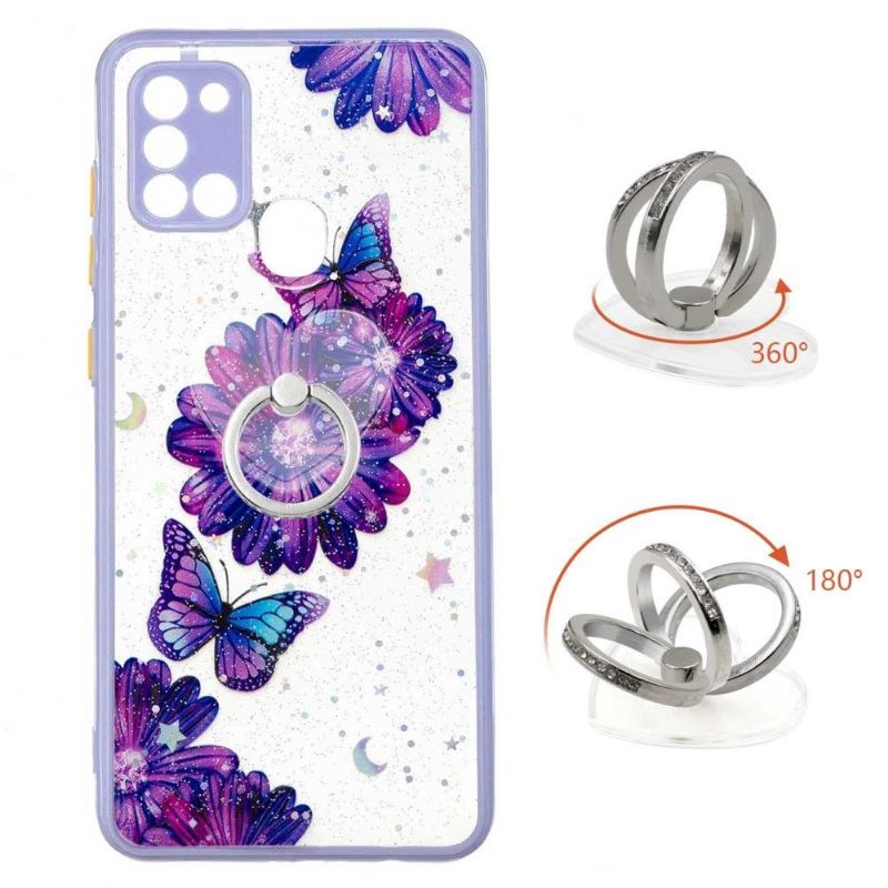 Cover Samsung Galaxy A21s Anti-fald Lilla Blomster Og Sommerfugle Med Ring