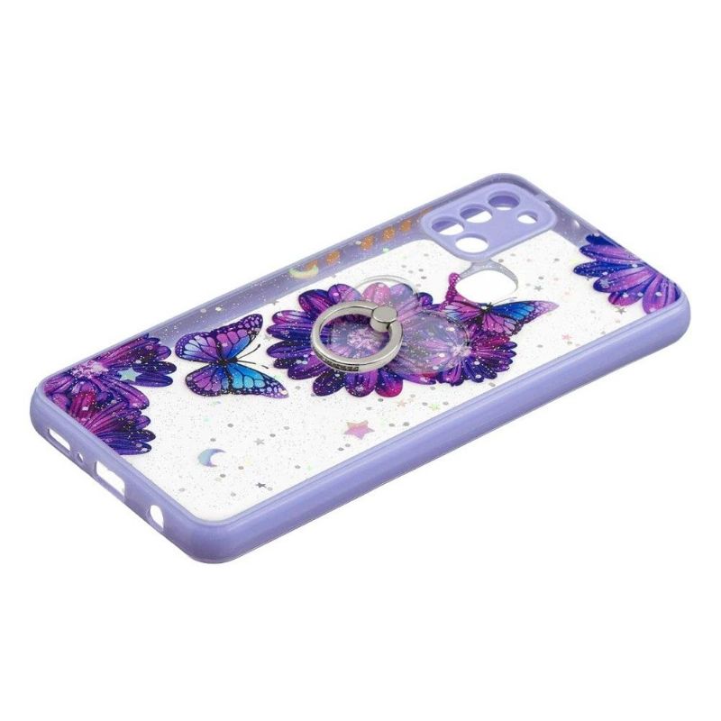 Cover Samsung Galaxy A21s Anti-fald Lilla Blomster Og Sommerfugle Med Ring