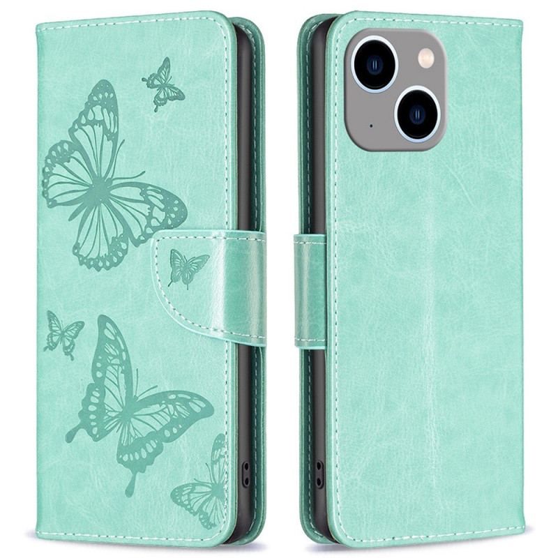 Flip Cover iPhone 14 Plus Med Snor Sommerfugle Trykt Strappy