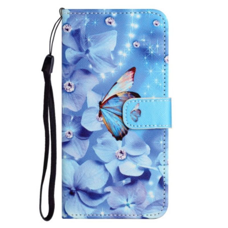 Flip Cover iPhone 14 Plus Med Snor Strappy Diamond Sommerfugle