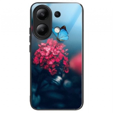 Cover Til Xiaomi Redmi Note 13 4g Hærdet Glas Røde Blomster Og Sommerfugle