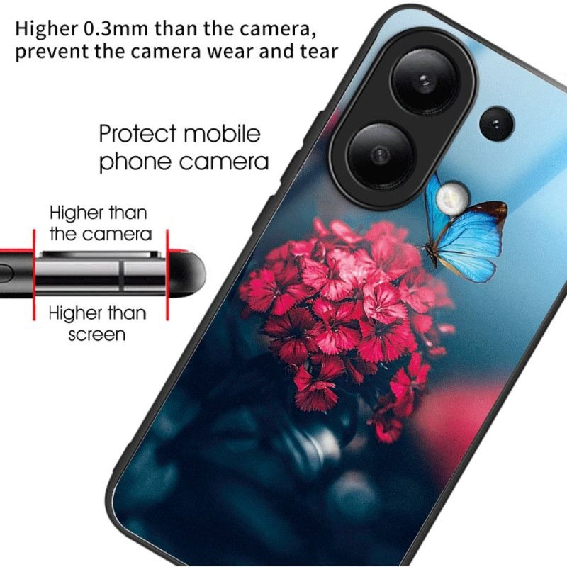 Cover Til Xiaomi Redmi Note 13 4g Hærdet Glas Røde Blomster Og Sommerfugle