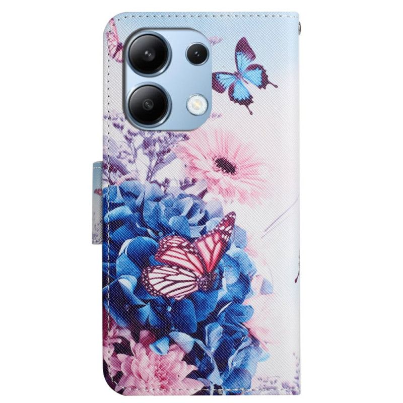 Flip Cover Xiaomi Redmi Note 13 4g Lilla Sommerfugle Med Rem