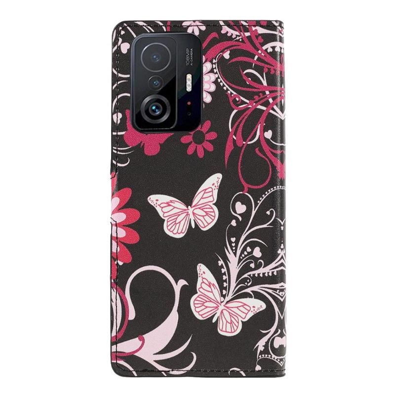 Læder Cover Xiaomi 11T / 11T Pro Original Sommerfugle Og Blomster