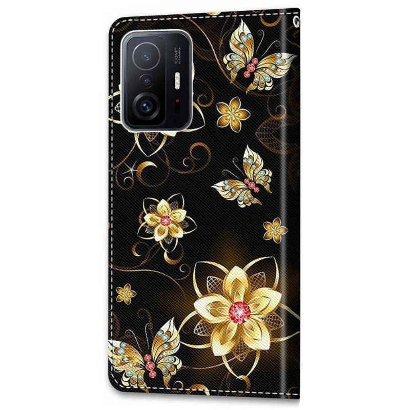 Læder Cover Xiaomi 11T / 11T Pro Sommerfugle Og Gyldne Blomster
