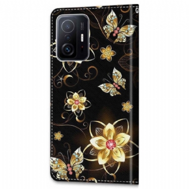 Læder Cover Xiaomi 11T / 11T Pro Sommerfugle Og Gyldne Blomster