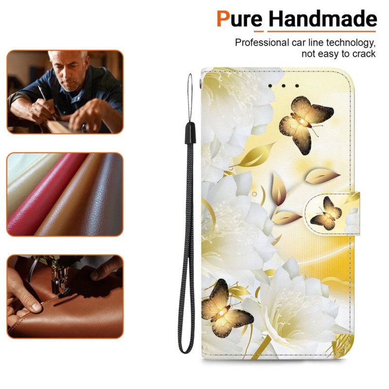 Flip Cover Xiaomi Redmi Note 13 Pro 5g Gyldne Sommerfugle Og Hvide Blomster Med Rem