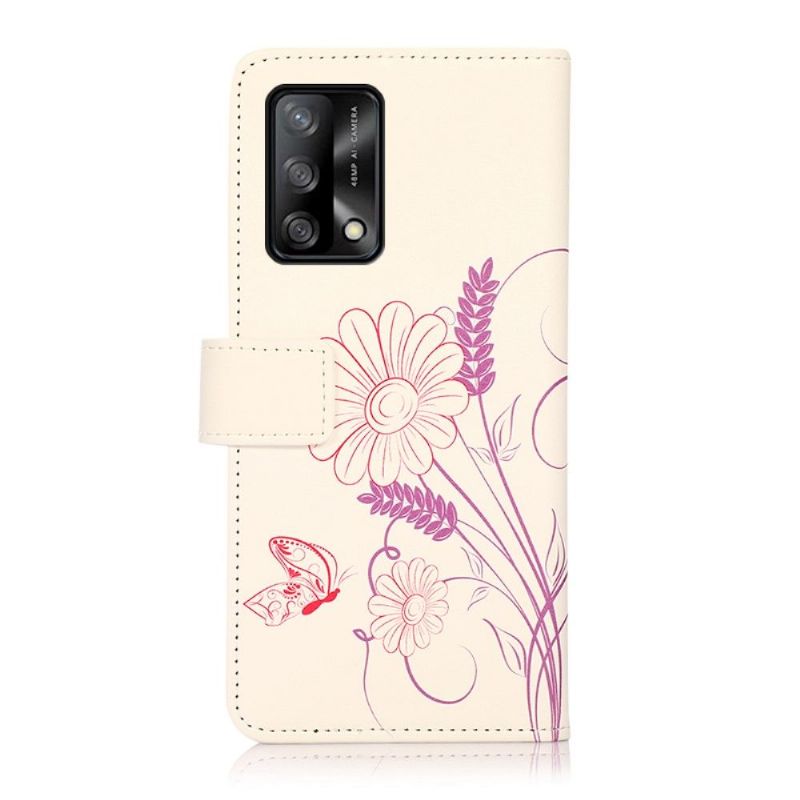 Læder Cover Oppo A74 4G Blomster Og Sommerfugl Illustration