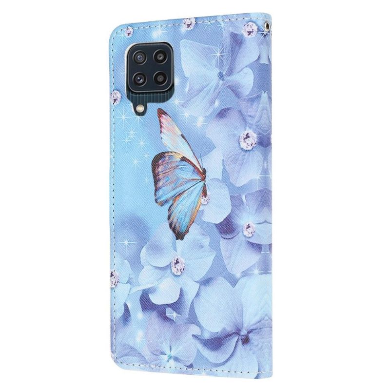 Flip Cover Samsung Galaxy M32 Anti-fald Sommerfugl Og Blå Blomster