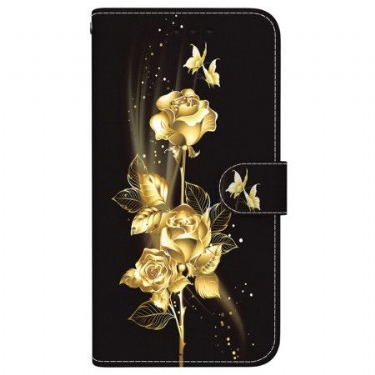 Flip Cover iPhone 16 Pro Guld Og Rosa Sommerfugle Med Rem