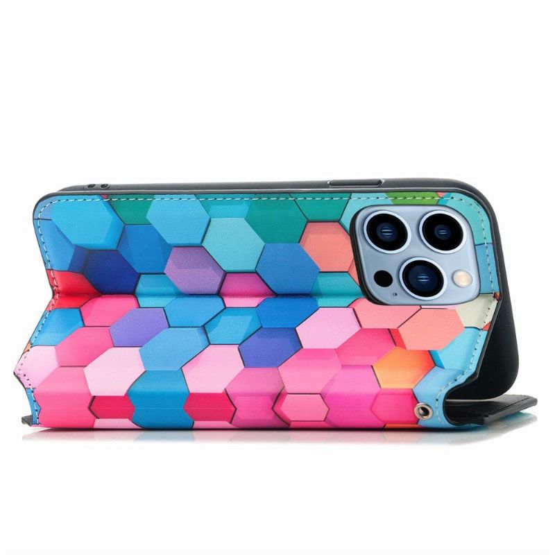 Flip Cover iPhone 13 Pro Læder Cover Farverig Honeycomb Flip Flip