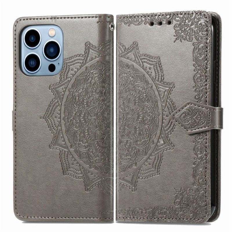 Flip Cover iPhone 13 Pro Præget Mandala I Kunstlæder