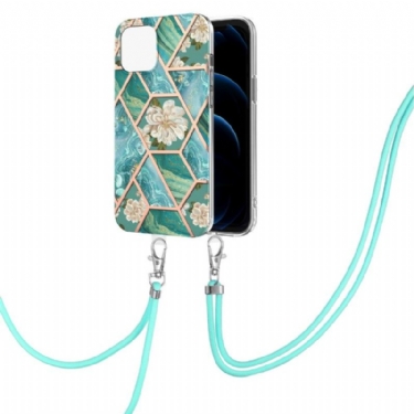 Mobilcover iPhone 13 Pro Med Snor Marmor Og Hvide Blomster
