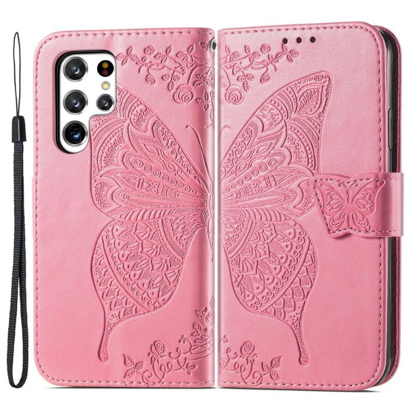 Flip Cover Samsung Galaxy S22 Ultra 5G Anti-fald Relief Sommerfugl