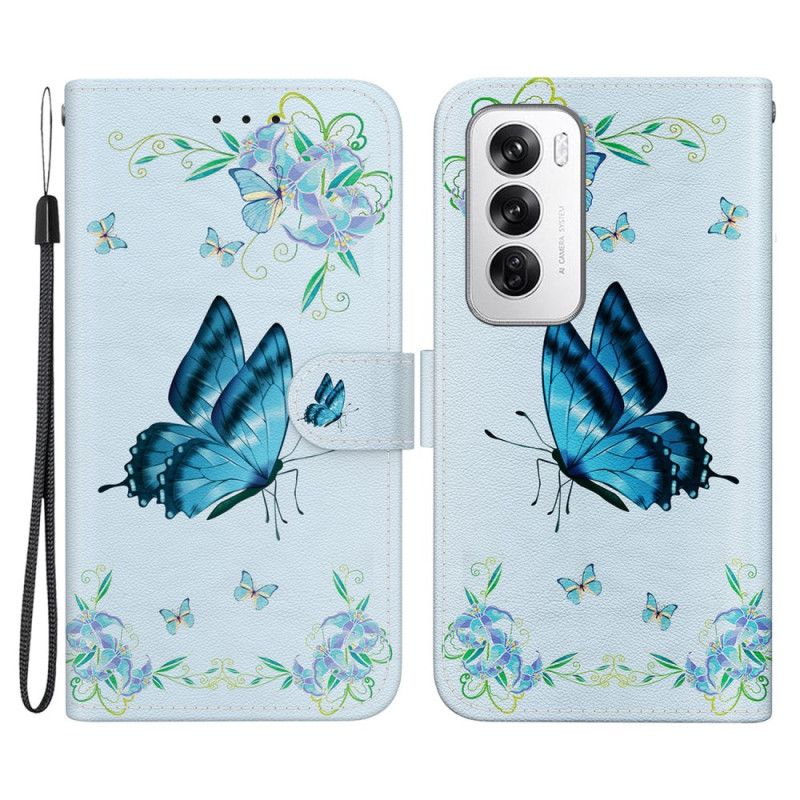 Flip Cover Oppo Reno 12 5g Blå Sommerfugle Og Blomster Med Rem