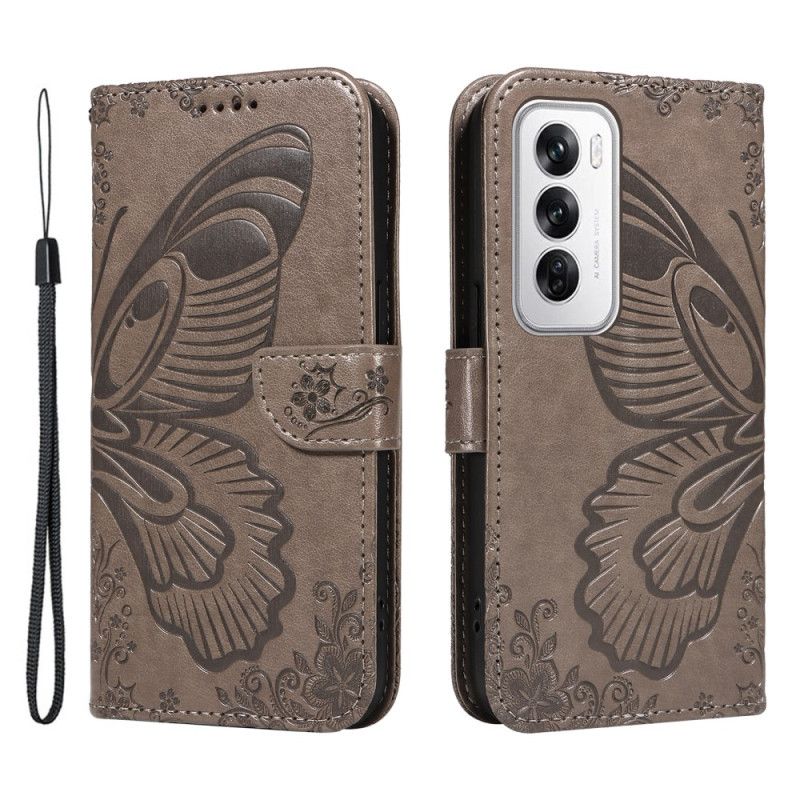 Læder Cover Oppo Reno 12 5g Telefon Etui Sommerfugledesign