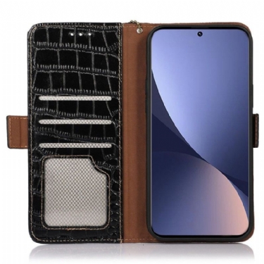 Flip Cover Xiaomi 12 Pro Hemming Ægte Læder I Croco-look