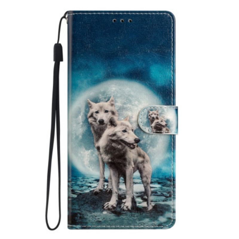 Flip Cover Google Pixel 7A Med Snor Fastspændte Moonlight Wolves