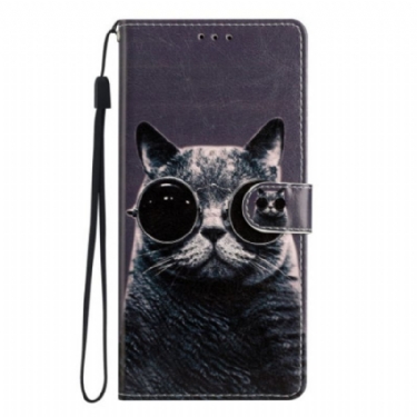 Læder Cover Google Pixel 7A Med Snor Strappy Cat Briller