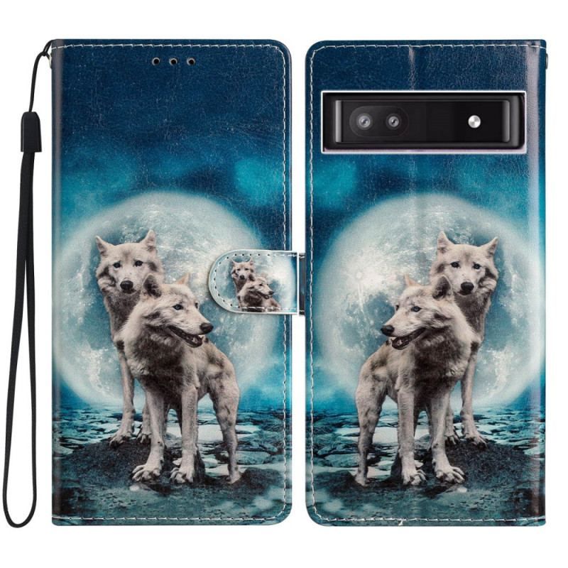 Flip Cover Google Pixel 7A Med Snor Fastspændte Moonlight Wolves