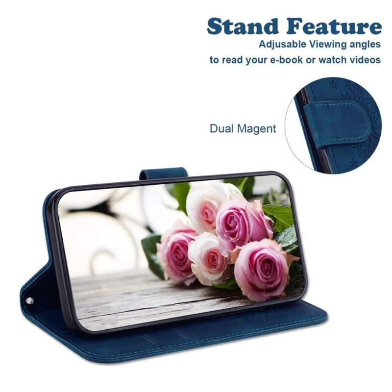 Flip Cover Honor Magic 5 Lite Med Snor Strappy Roser Og Sommerfugle