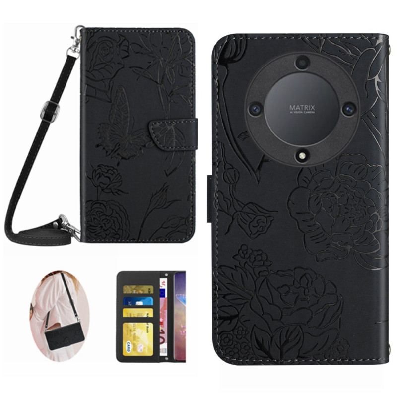 Flip Cover Honor Magic 5 Lite Sommerfugle Og Skulderrem