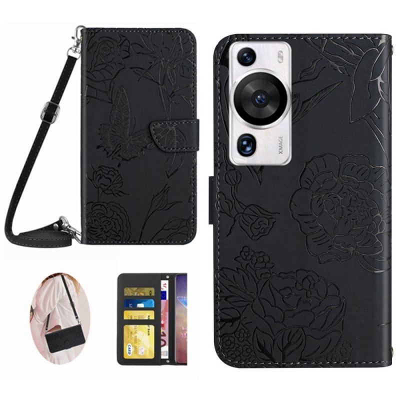 Flip Cover Huawei P60 Pro Sommerfugle Med Skulderrem