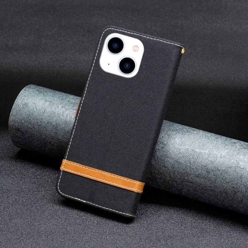 Flip Cover iPhone 14 Med Snor Stof- Og Lædereffektrem