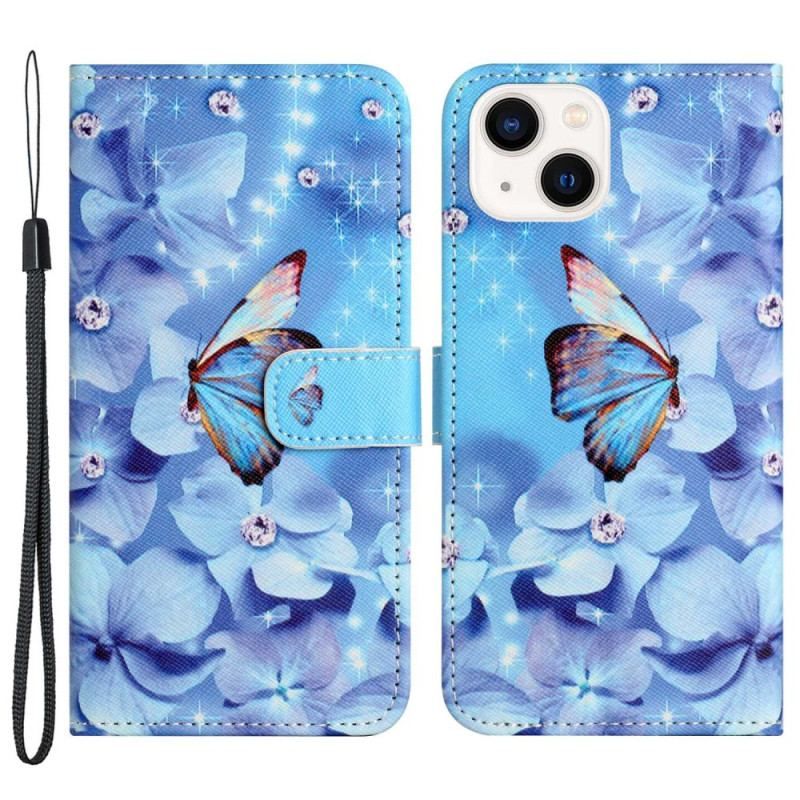 Flip Cover iPhone 14 Plus Med Snor Strappy Diamond Sommerfugle