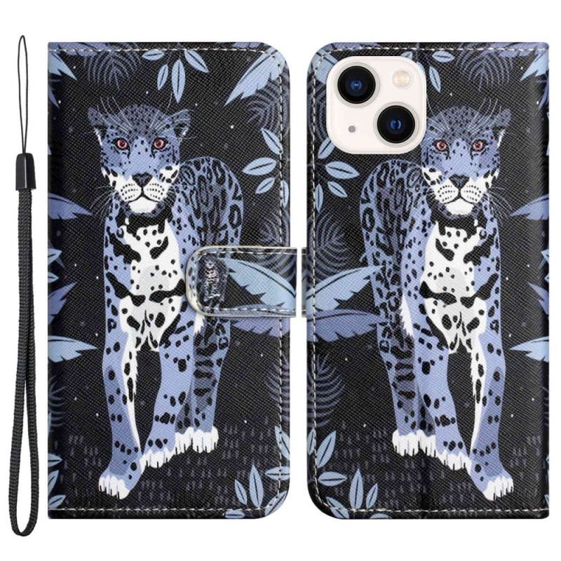 Flip Cover iPhone 14 Plus Med Snor Strappy Leopard