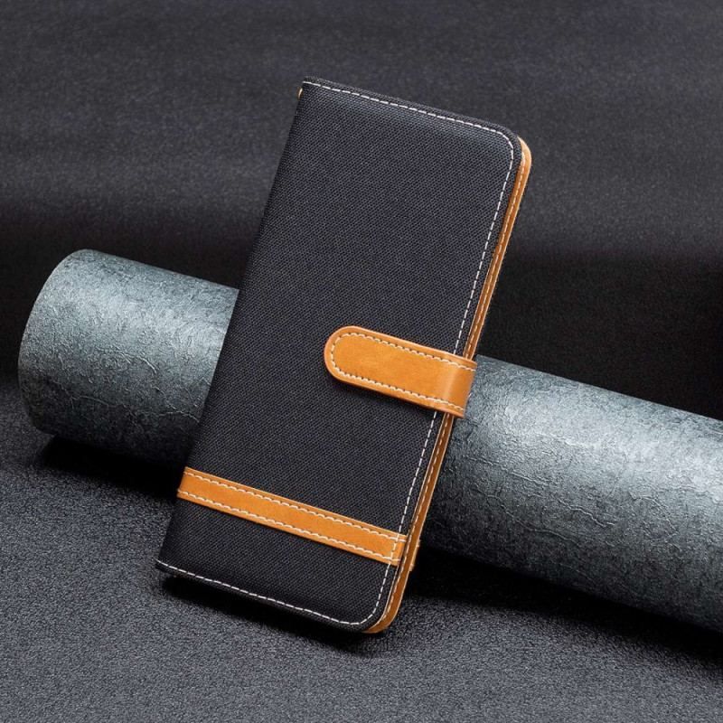 Flip Cover iPhone 14 Pro Max Med Snor Stof- Og Lædereffektrem