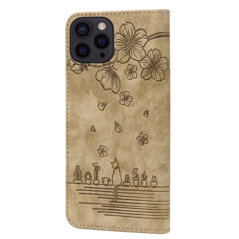 Flip Cover iPhone 14 Pro Med Snor Strappy Cat Print