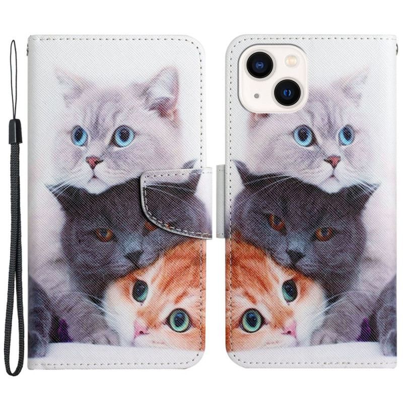 Flip Cover iPhone 15 Med Snor Kun Katte Med Remme