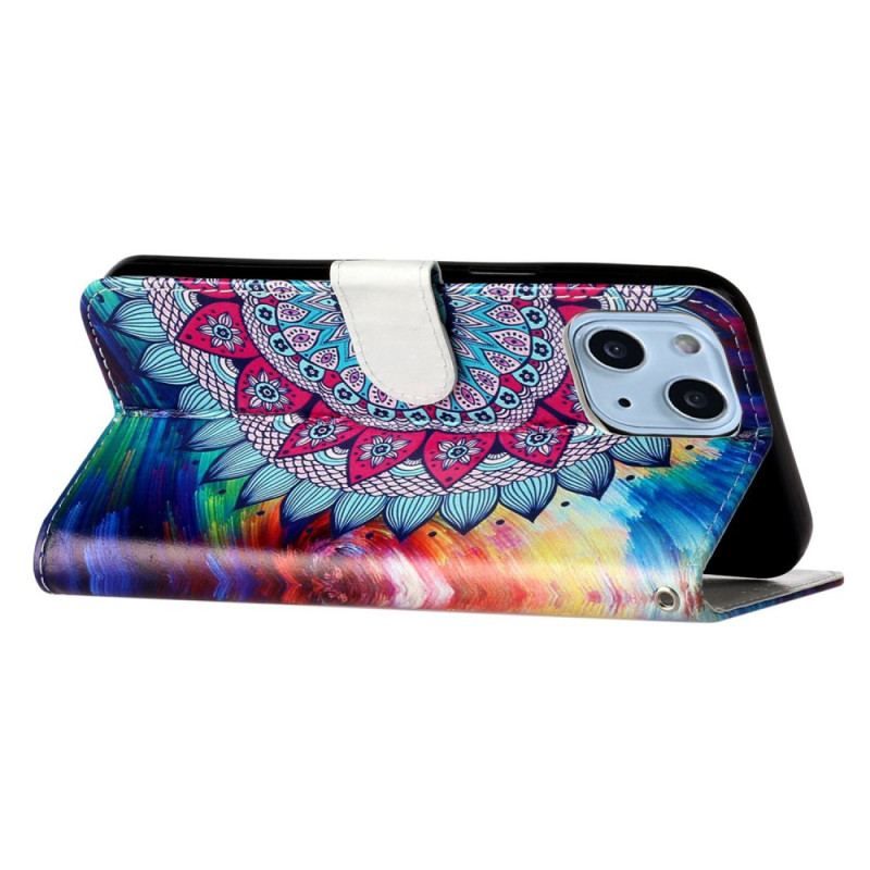 Flip Cover iPhone 15 Med Snor Prangende Mandala Med Rem